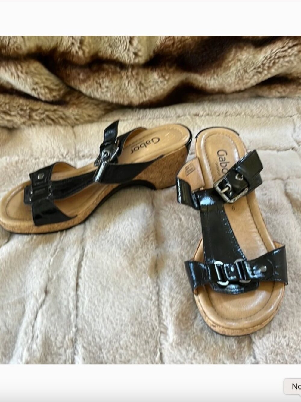 Gabor Black Patent Leather T Strap Cork Wedge Sandal - Size 6